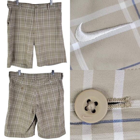 Nike Plaid Golf Shorts Khaki Field Plaid Flat Front Mens 36 Tan Zip Fly - Picture 1 of 8
